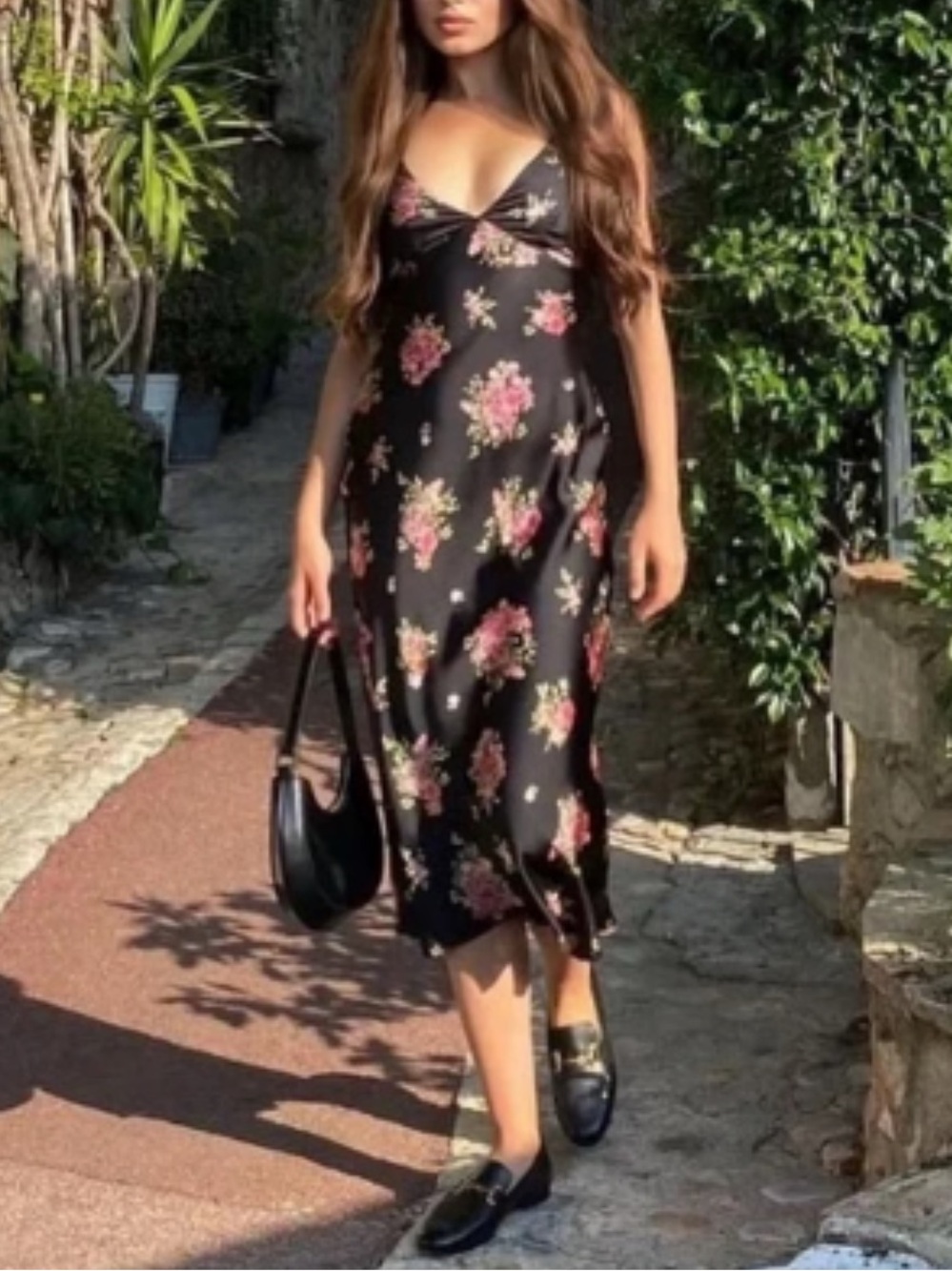 Zara Floral Midi Slip Dress Black Size Medium